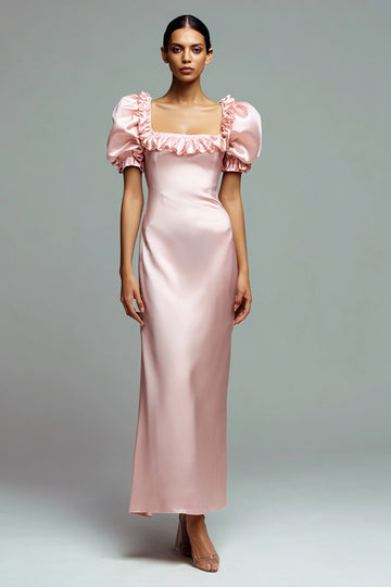 Ruffled Pink Sheath Satin Wedding Guest Dress